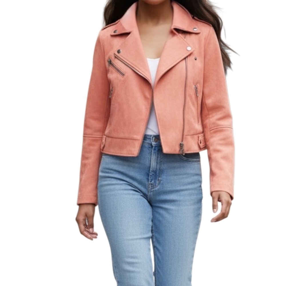Madison Women’s Motorcycle Zippered Faux Suede Pocketed Notch Lapel Jacket Sz S